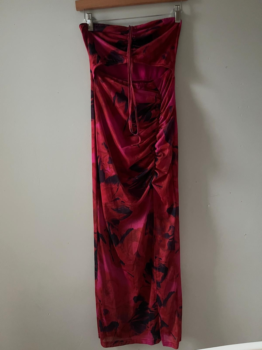 Strapless Fuchsia Floral Ruched Maxi Dress